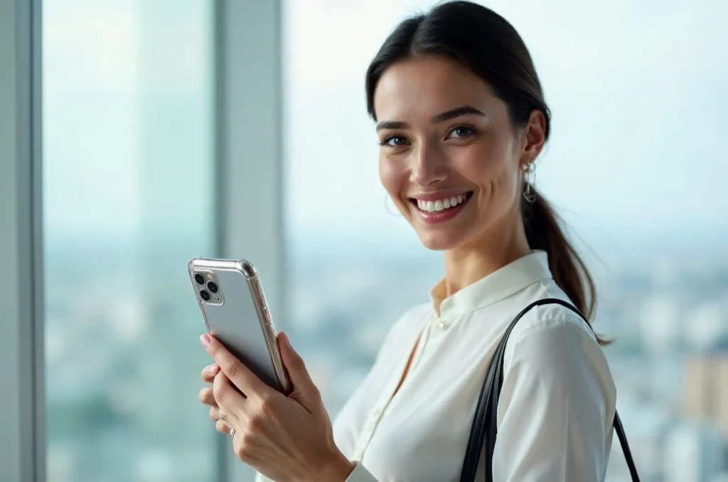 Mulher feliz com smartphone com capa de protecao tpu Mulher feliz com smartphone com capa de protecao tpu